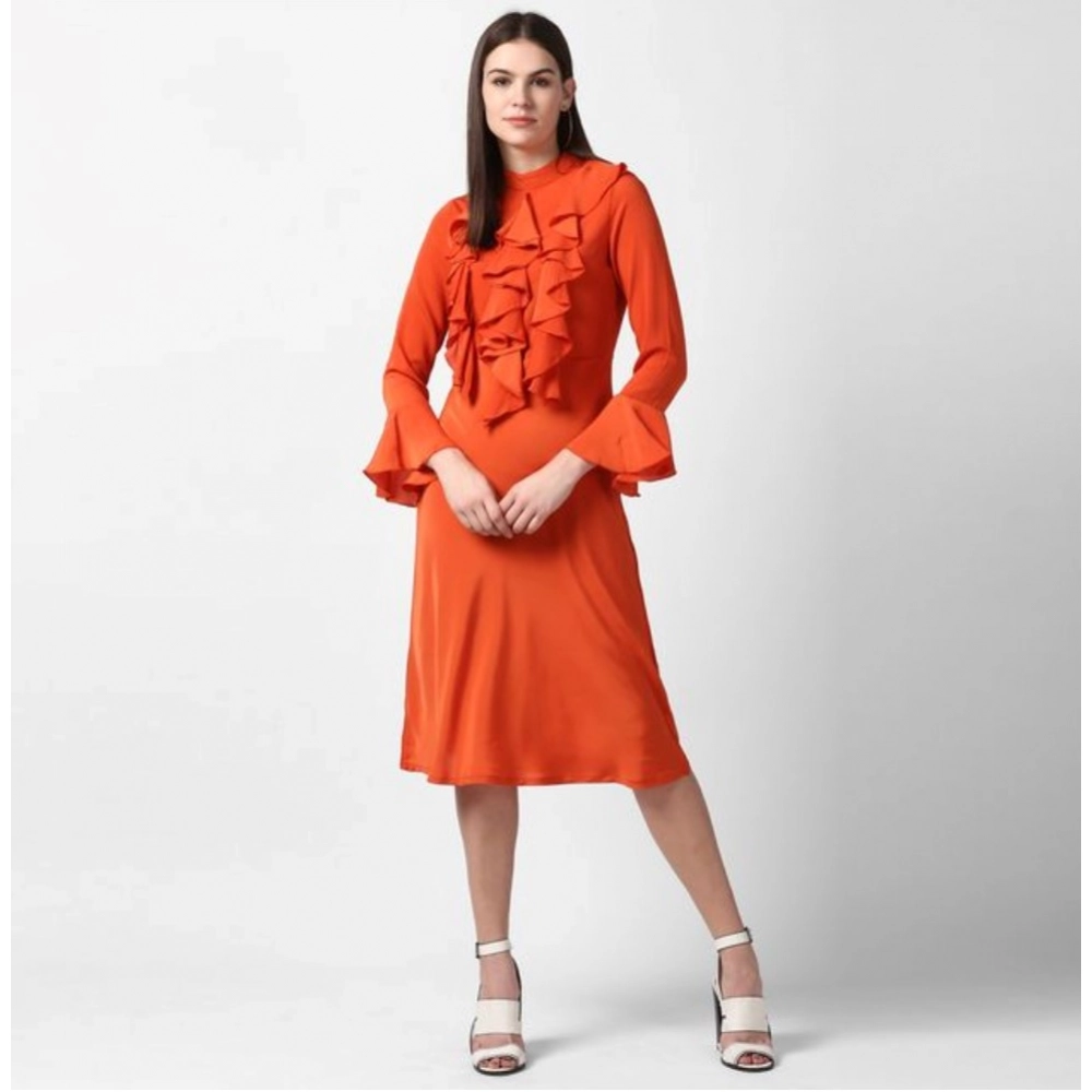 Generic Women's Polyester Ruffled Close Neck Long Sleeves Dress (Orange) Generic Women's Polyester Ruffled Close Neck Long Sleeves Dress (Orange)