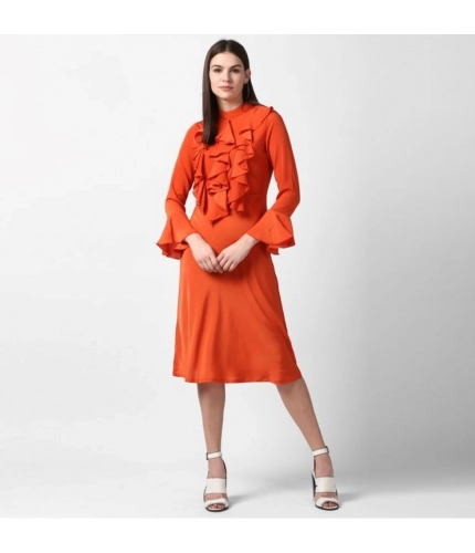 Generic Women's Polyester Ruffled Close Neck Long Sleeves Dress (Orange)