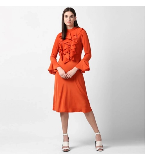 Generic Women's Polyester Ruffled Close Neck Long Sleeves Dress (Orange)