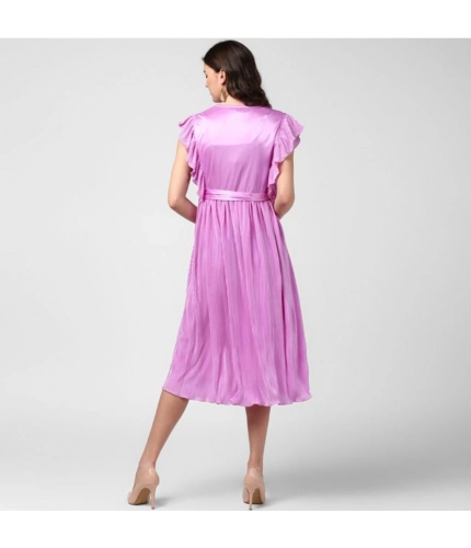 Generic Women's Polyester Pleated V-Neck Flutter Dress (Lavender)