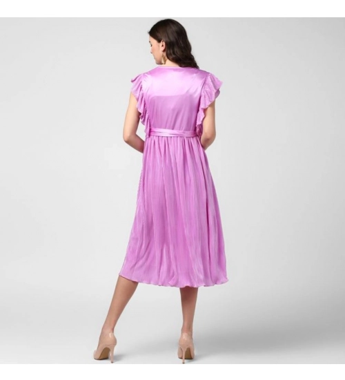 Generic Women's Polyester Pleated V-Neck Flutter Dress (Lavender)