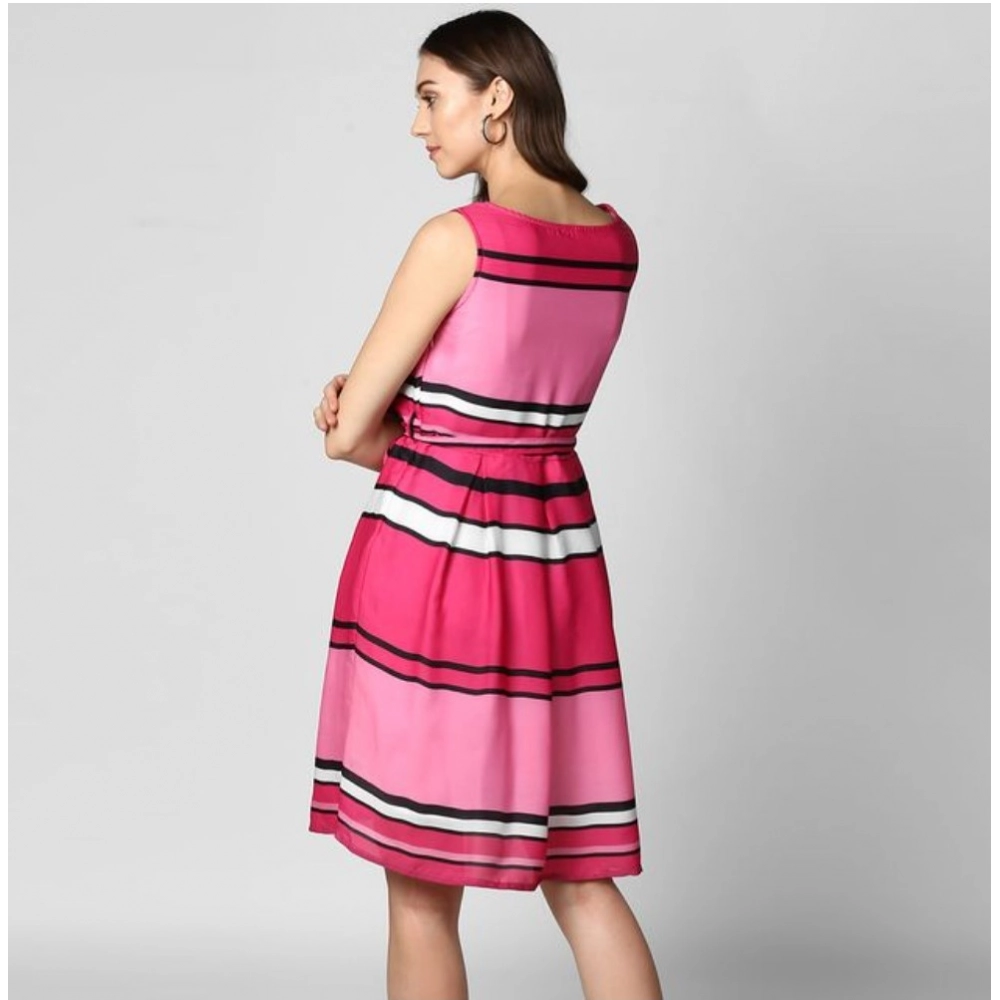 Generic Women's Polyester Striped Close Neck Sleeveless Dress (Pink) Generic Women's Polyester Striped Close Neck Sleeveless Dress (Pink)