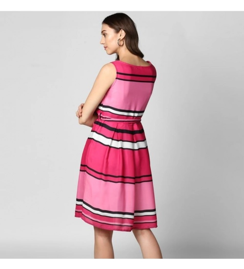 Generic Women's Polyester Striped Close Neck Sleeveless Dress (Pink)