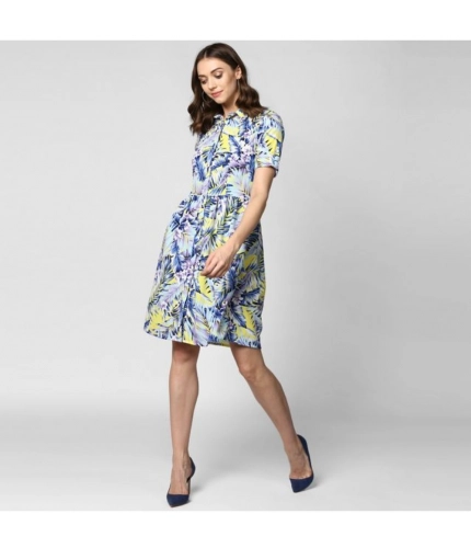 Generic Women's Polyester Floral Collar Neck Short Sleeve Dress (Blue-Yellow)