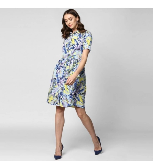 Generic Women's Polyester Floral Collar Neck Short Sleeve Dress (Blue-Yellow)