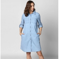 Generic Women's Denim Solid Collar Neck Roll Up Sleeve Dress (Blue)