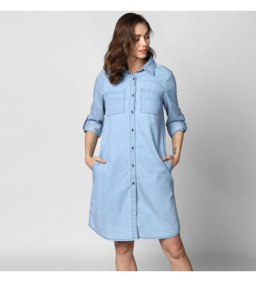 Generic Women's Denim Solid Collar Neck Roll Up Sleeve Dress (Blue)