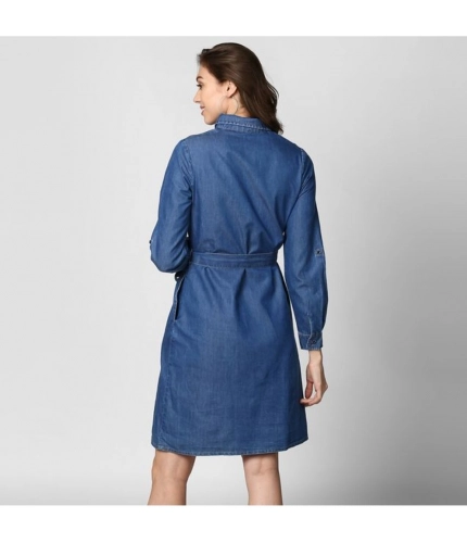 Generic Women's Denim Solid Collar Neck Roll Up Sleeve Dress (Blue)
