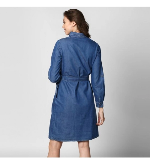 Generic Women's Denim Solid Collar Neck Roll Up Sleeve Dress (Blue)