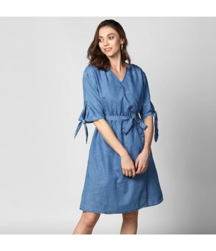 Generic Women's Denim Solid V-Neck Tie Ups Dress (Blue)