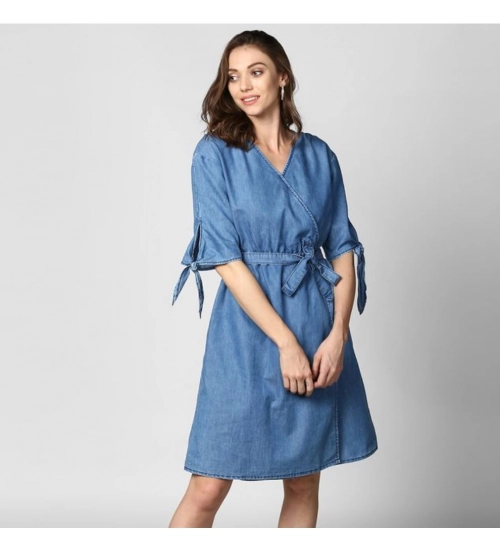 Generic Women's Denim Solid V-Neck Tie Ups Dress (Blue)