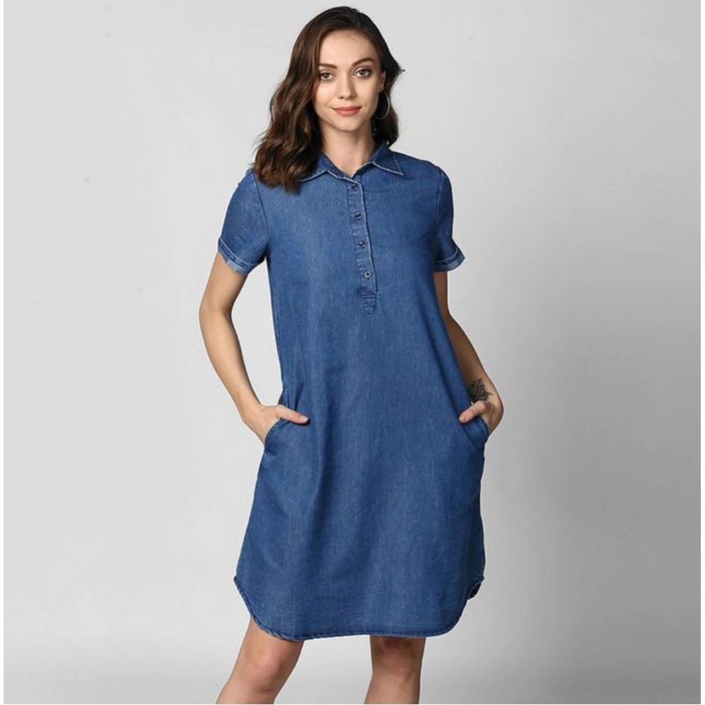 Generic Women's Denim Solid Collar Neck Short Sleeve Dress (Blue) Generic Women's Denim Solid Collar Neck Short Sleeve Dress (Blue)