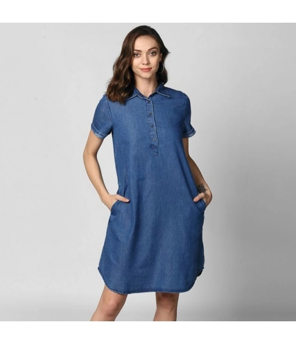 Generic Women's Denim Solid Collar Neck Short Sleeve Dress (Blue)