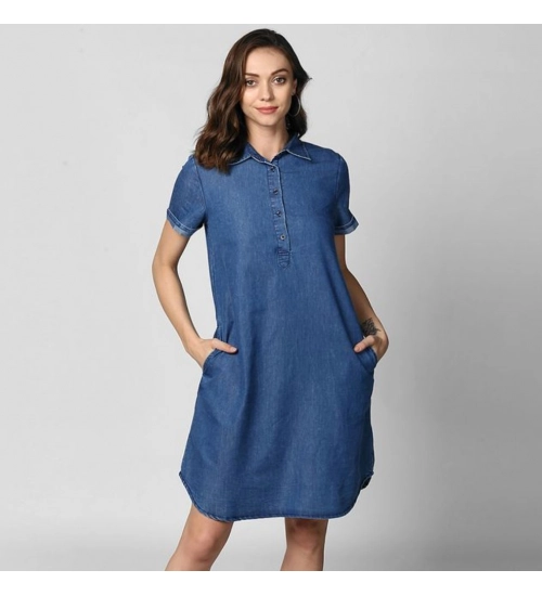 Generic Women's Denim Solid Collar Neck Short Sleeve Dress (Blue)