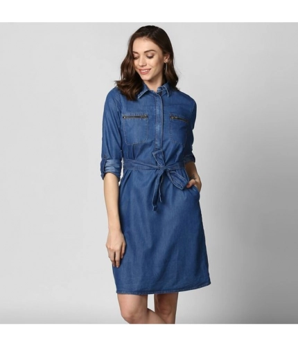 Generic Women's Denim Solid Collar Neck Roll Up Sleeve Dress (Blue)