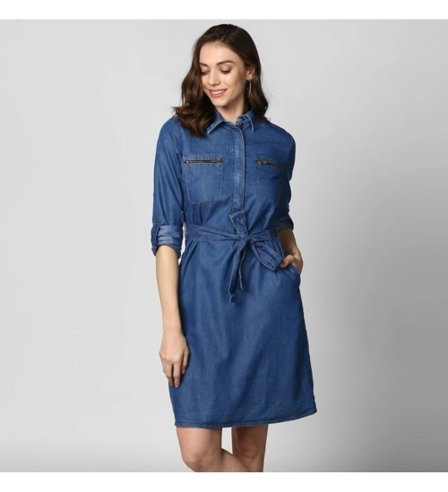 Generic Women's Denim Solid Collar Neck Roll Up Sleeve Dress (Blue)