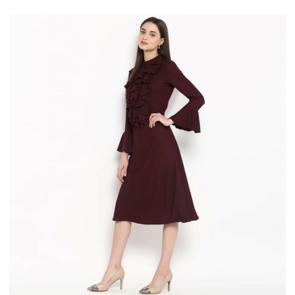 Generic Women's Polyester Ruffled Close Neck Bell Sleeve Dress (Maroon) Generic Women's Polyester Ruffled Close Neck Bell Sleeve Dress (Maroon)