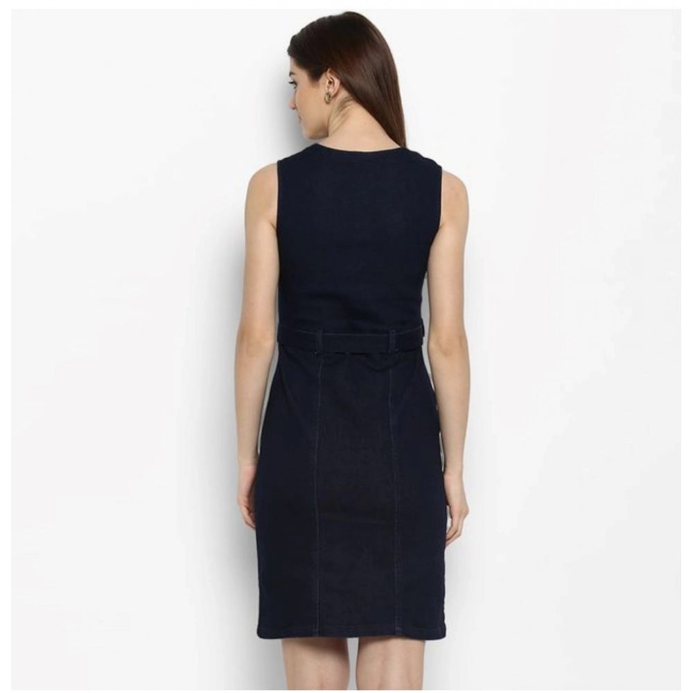 Generic Women's Denim Solid Square Neck Sleeveless Dress (Blue) Generic Women's Denim Solid Square Neck Sleeveless Dress (Blue)
