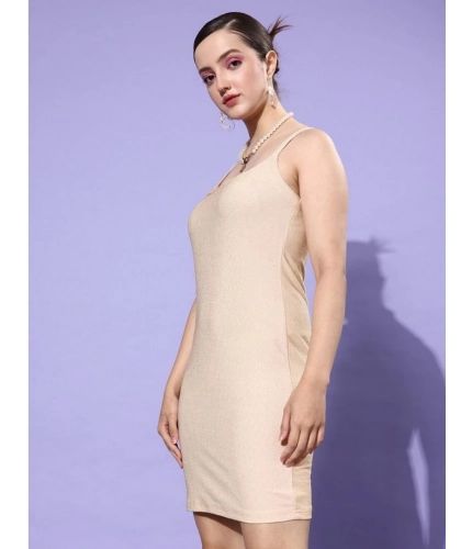 Generic Women's Polyester Lycra Embellished Square Neck Sleeveless Dress (Gold)