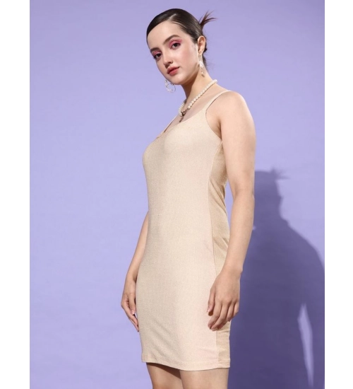 Generic Women's Polyester Lycra Embellished Square Neck Sleeveless Dress (Gold)
