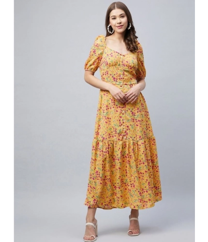 Generic Women's Polyester Moss Floral Square Neck Half Sleeve Dress (Pink)