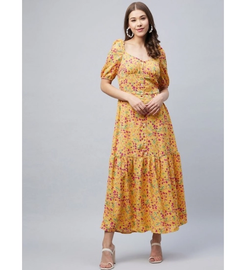 Generic Women's Polyester Moss Floral Square Neck Half Sleeve Dress (Pink)