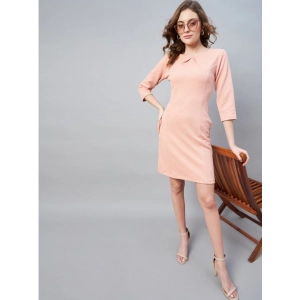 Generic Women's Polyester Jacquard Self Design Round Neck 3/4th Sleeves Dress (Pink)