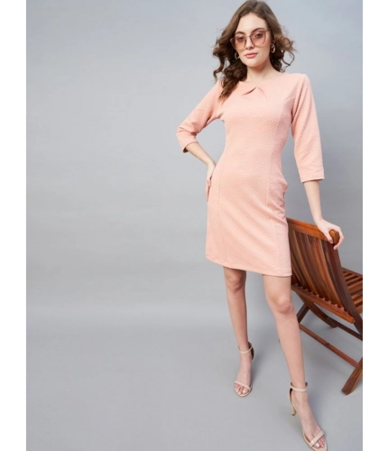 Generic Women's Polyester Jacquard Self Design Round Neck 3/4th Sleeves Dress (Pink)