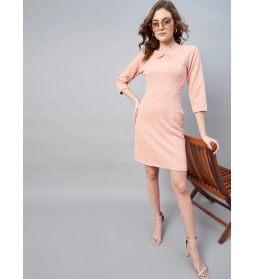 Generic Women's Polyester Jacquard Self Design Round Neck 3/4th Sleeves Dress (Pink)