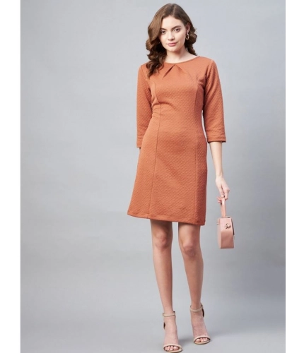 Generic Women's Polyester Jacquard Self Design Round Neck 3/4th Sleeves Dress (Rust)
