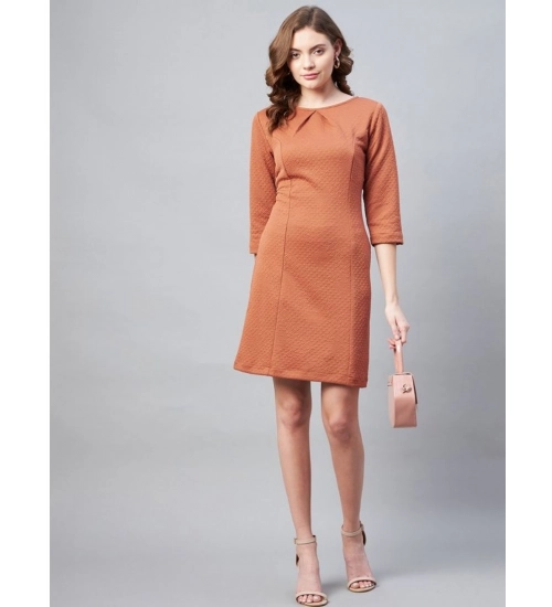 Generic Women's Polyester Jacquard Self Design Round Neck 3/4th Sleeves Dress (Rust)