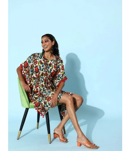 Generic Women's Polyester Moss Printed Round Neck Kaftan Sleeve Dress (Multicolor)