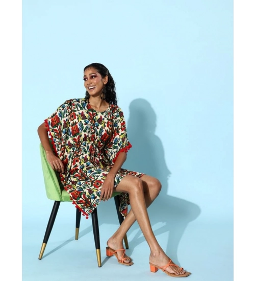 Generic Women's Polyester Moss Printed Round Neck Kaftan Sleeve Dress (Multicolor)