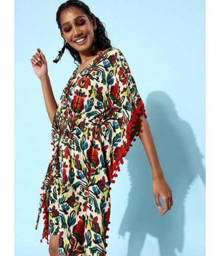 Generic Women's Polyester Moss Printed Round Neck Kaftan Sleeve Dress (Multicolor)