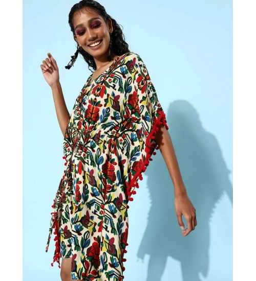 Generic Women's Polyester Moss Printed Round Neck Kaftan Sleeve Dress (Multicolor)
