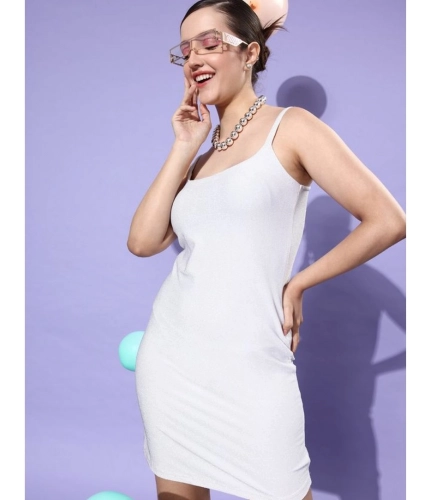 Generic Women's Polyester Lycra Embellished Square Neck Sleeveless Dress (Silver)