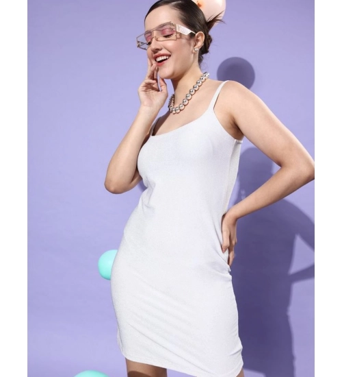 Generic Women's Polyester Lycra Embellished Square Neck Sleeveless Dress (Silver)
