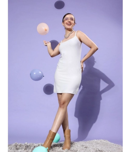 Generic Women's Polyester Lycra Embellished Square Neck Sleeveless Dress (Silver)