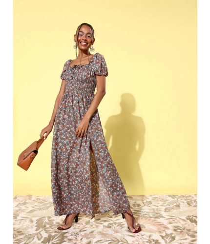 Generic Women's Polyester Moss Floral Square Neck Puff Sleeve Dress (Multicolor)