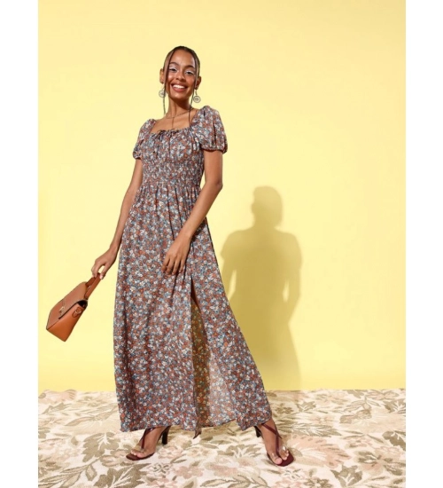 Generic Women's Polyester Moss Floral Square Neck Puff Sleeve Dress (Multicolor)