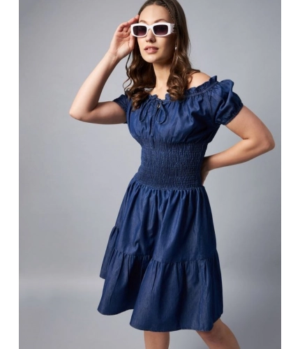 Generic Women's Denim Solid Off-Shoulder Short Sleeve Dress (Blue)