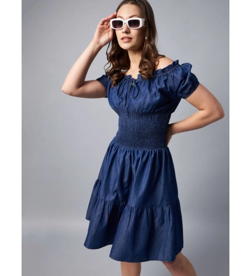 Generic Women's Denim Solid Off-Shoulder Short Sleeve Dress (Blue)