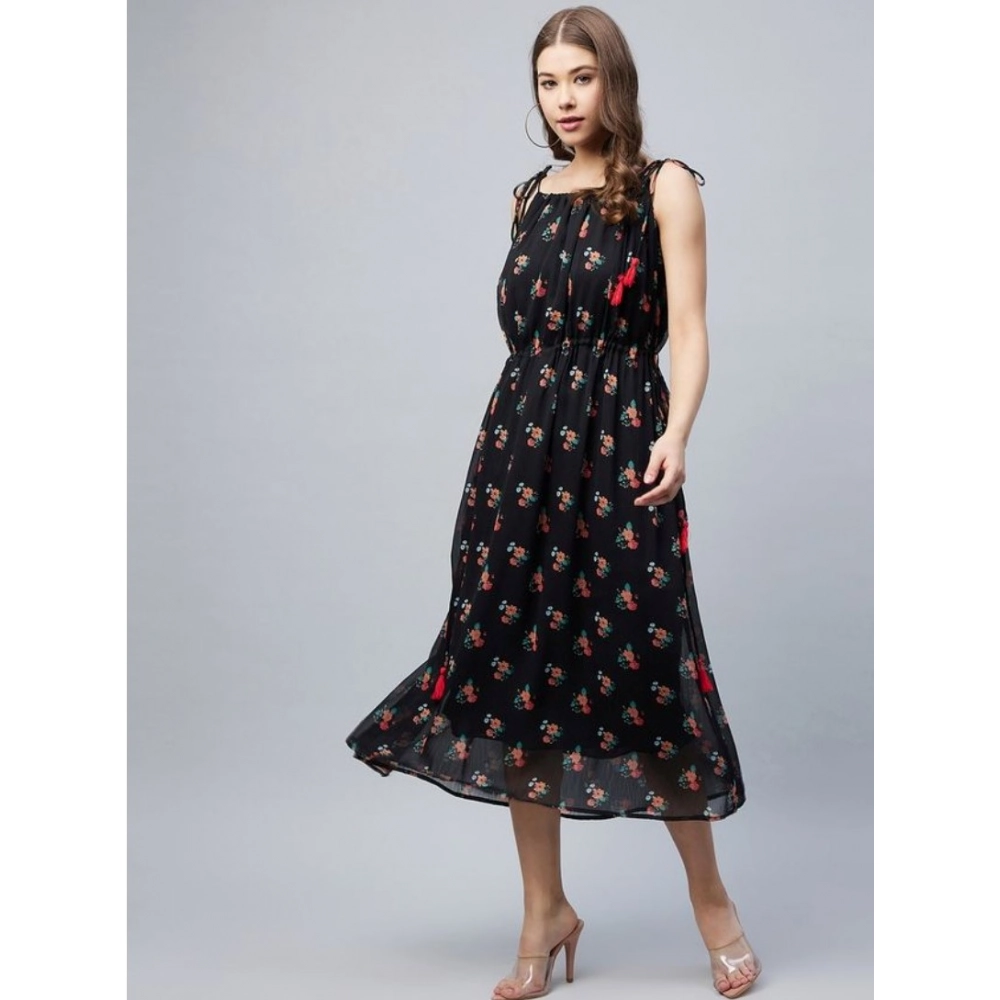 Generic Women's Chiffon Floral Square Neck Sleeveless Dress (Black) Generic Women's Chiffon Floral Square Neck Sleeveless Dress (Black)