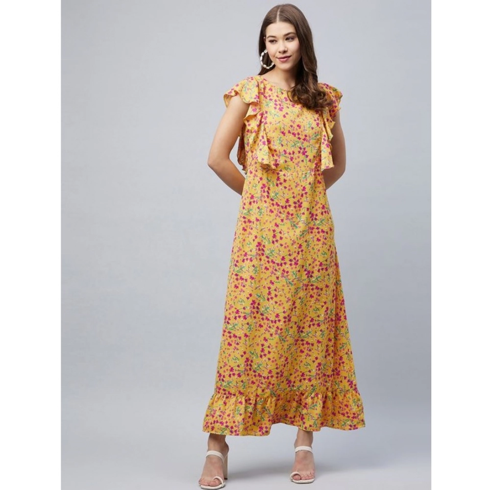 Generic Women's Polyester Floral Round Neck Flutter Dress (Red) Generic Women's Polyester Floral Round Neck Flutter Dress (Red)