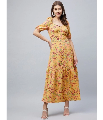 Generic Women's Polyester Moss Floral Square Neck Half Sleeve Dress (Pink)