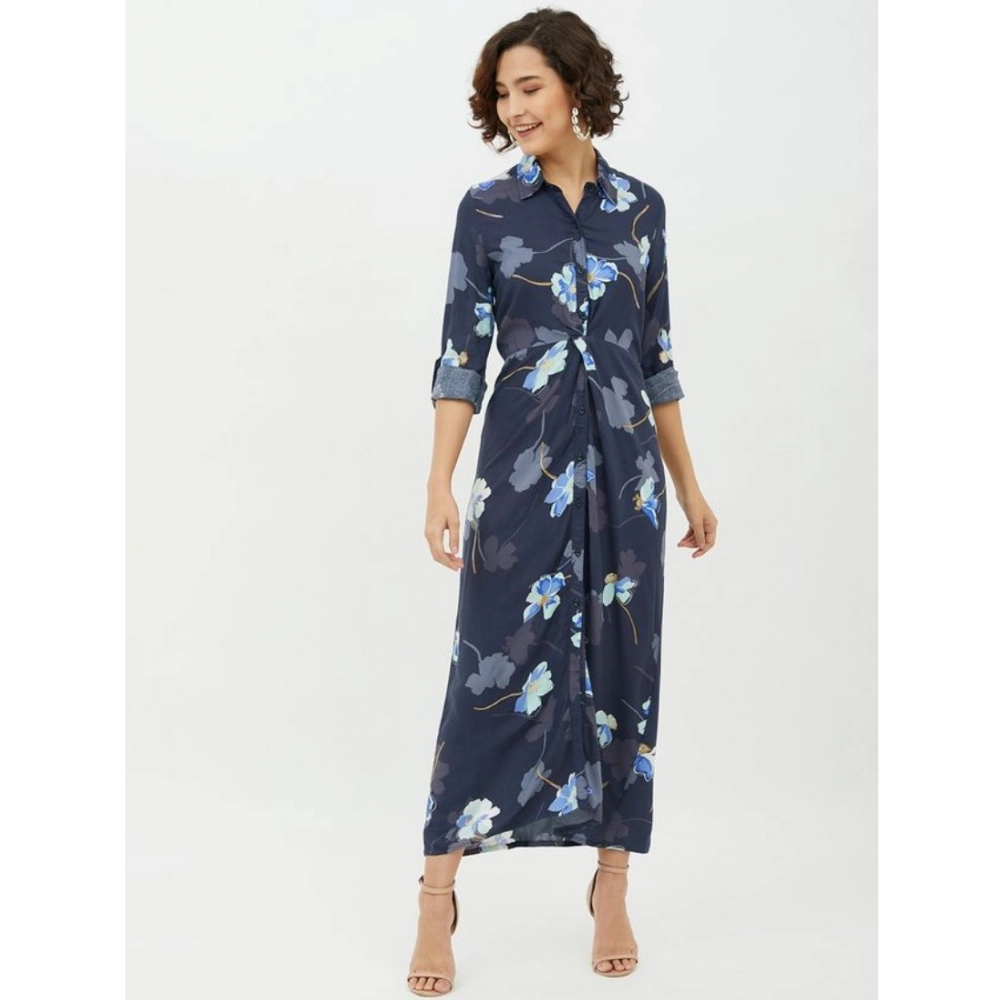 Generic Women's Rayon Floral Collar Neck Long Sleeves Dress (Blue) Generic Women's Rayon Floral Collar Neck Long Sleeves Dress (Blue)