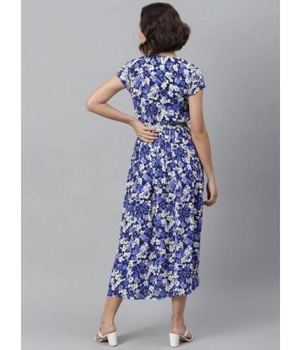 Generic Women's Polyester Floral V-Neck Short Sleeve Dress (Purple-White)