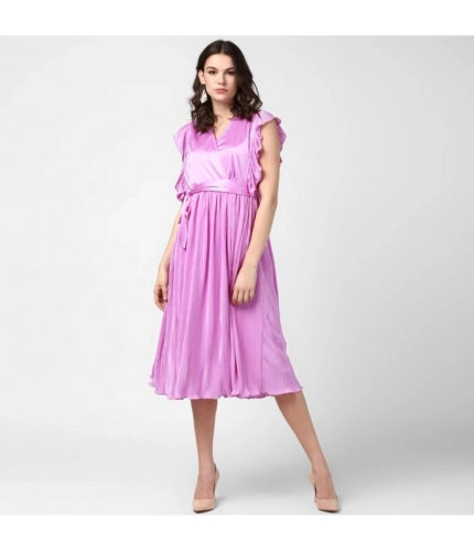 Generic Women's Polyester Pleated V-Neck Flutter Dress (Lavender)