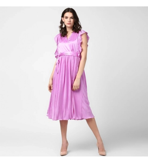 Generic Women's Polyester Pleated V-Neck Flutter Dress (Lavender)