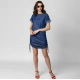 Generic Women's Denim Solid Close Neck Short Sleeve Dress (Blue)